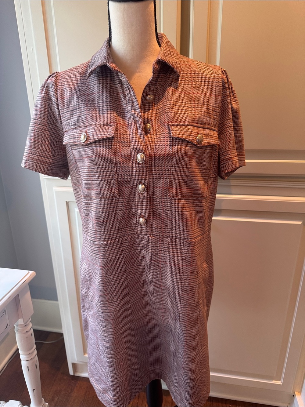 Short Plaid Shirt Dress with Button Front - brown orange plaid